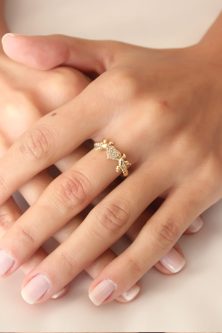 EBJ Adjustable Women's Ring with Zircon Stone, Gold Color Heart and Bird Figures - Mountain View