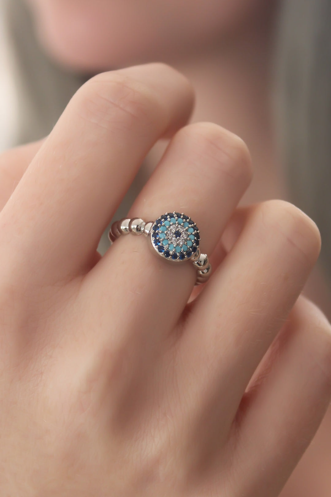 EBJ Silver Color Evil Eye Figure with Zircon Stone Detail Women's Ring - Bergkamen
