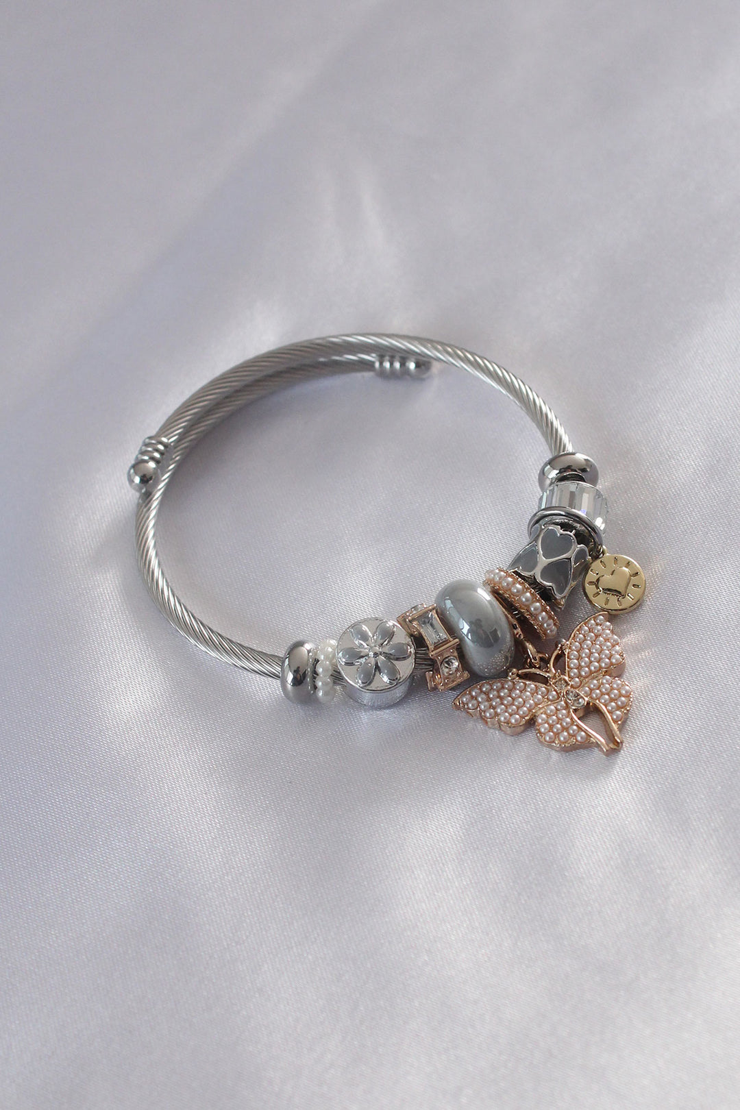 EBJ Steel Charm Model Gold Butterfly Figure Gray Beaded Women's Bracelet - Paramount