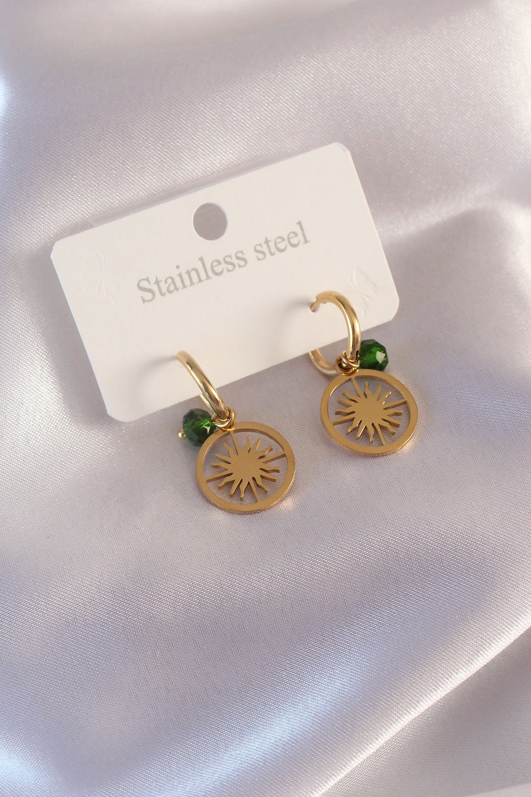 EBJ Steel Gold Color Sun Figure Green Crystal Detail Women's Earrings - Dovzhansk