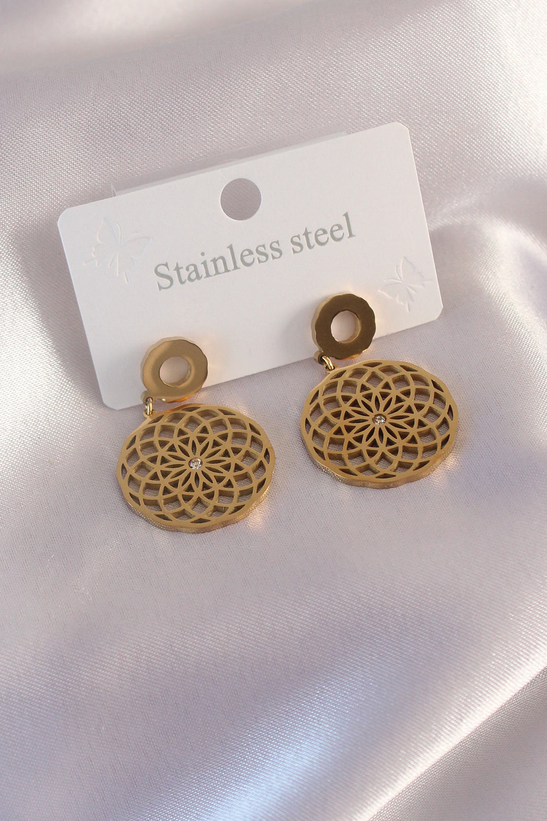 EBJ Steel Gold Color Lotus Flower Zircon Stone Detail Women's Earrings - Tortosa