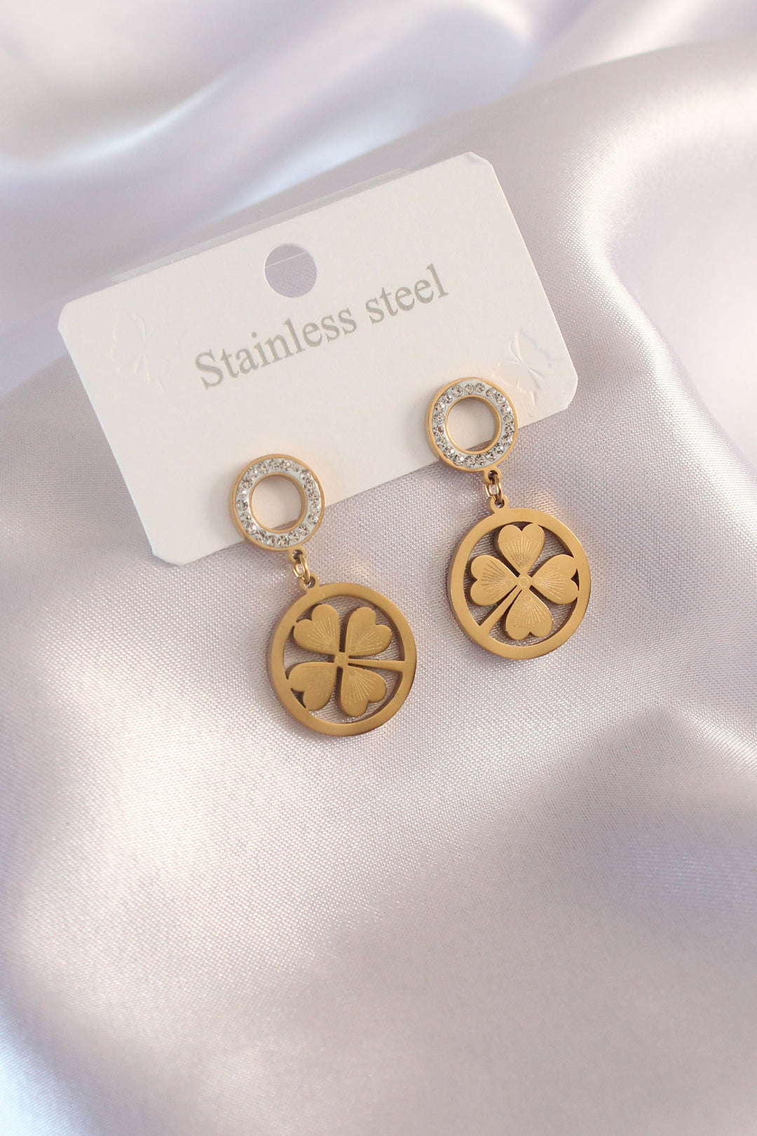 EBJ Steel Gold Color Clover Model Zircon Stone Detail Women's Earring - Calimaya