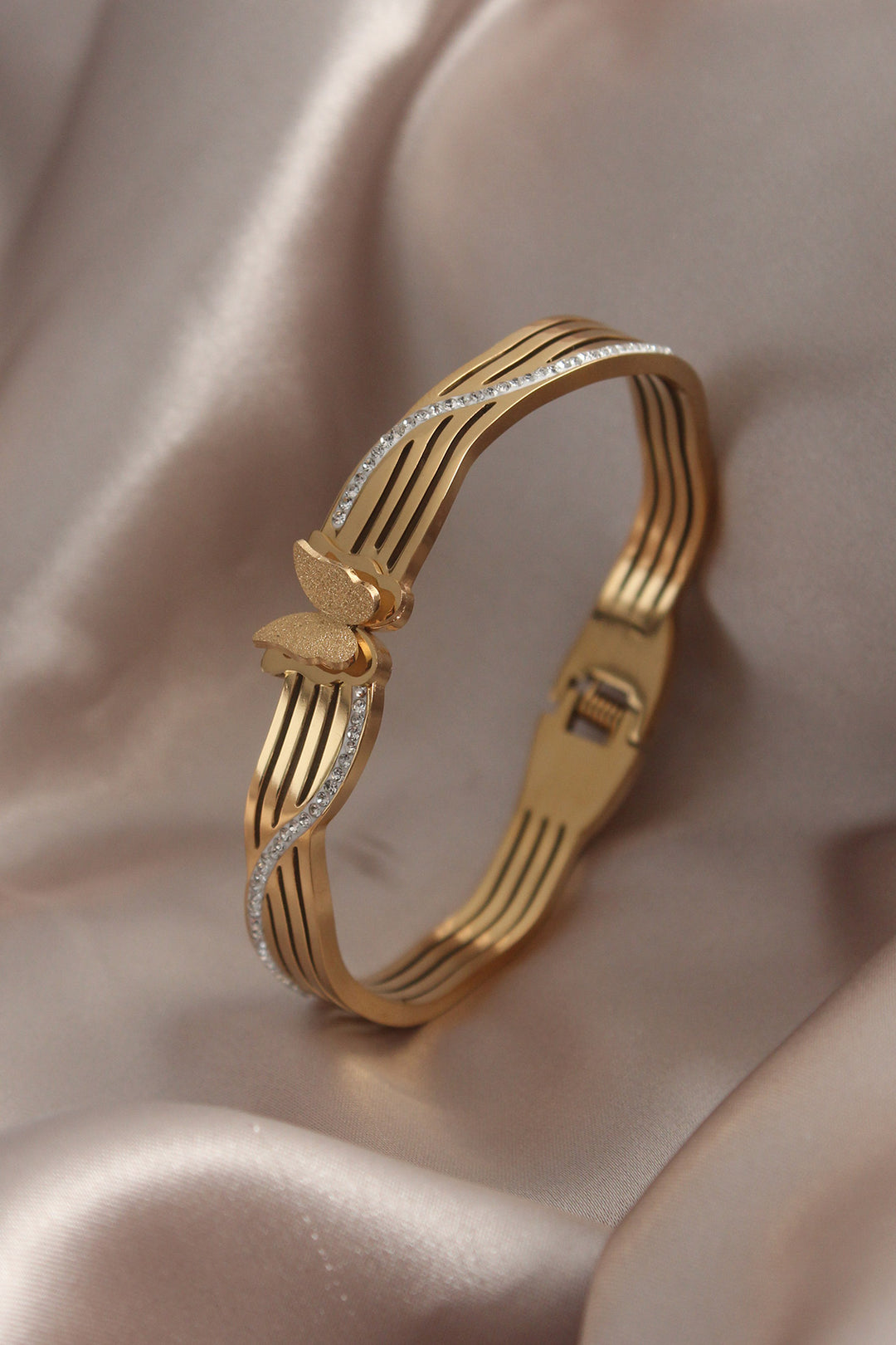 EBJ 316L Stainless Steel Gold Color Butterfly Model Women's Cuff Bracelet with Zircon Stone - Khmelnytskyi