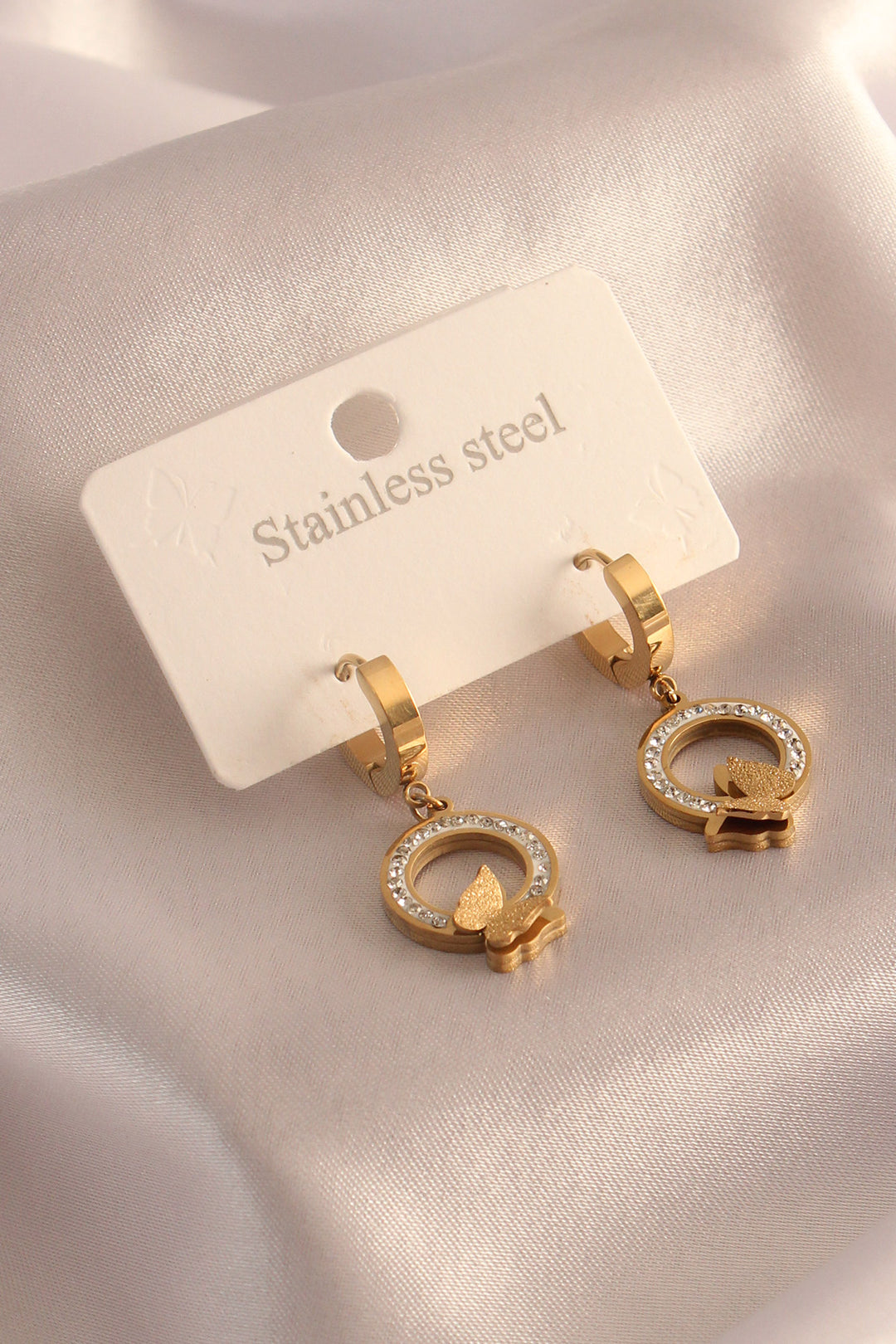 EBJ 316L Steel Gold Color Ring Model Butterfly Detail Zircon Stone Women's Earrings - Alhambra