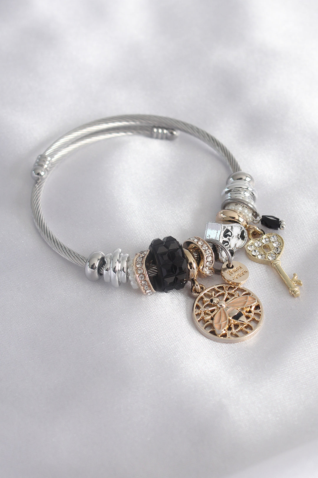 EBJ Silver Black Color Bee Figure with Zircon Stone Key Detail Women Charm Bracelet - Virginia Beach