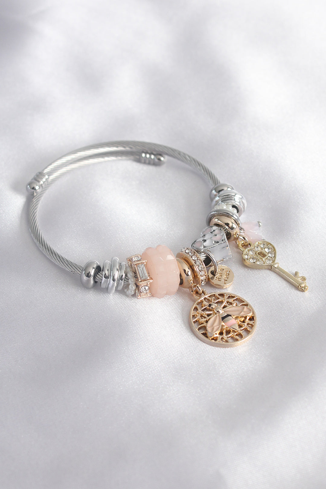 EBJ Silver Pink Color Bee Figure Bracelet with Zircon Stone Key Detail Women Charm Bracelet - Seevetal