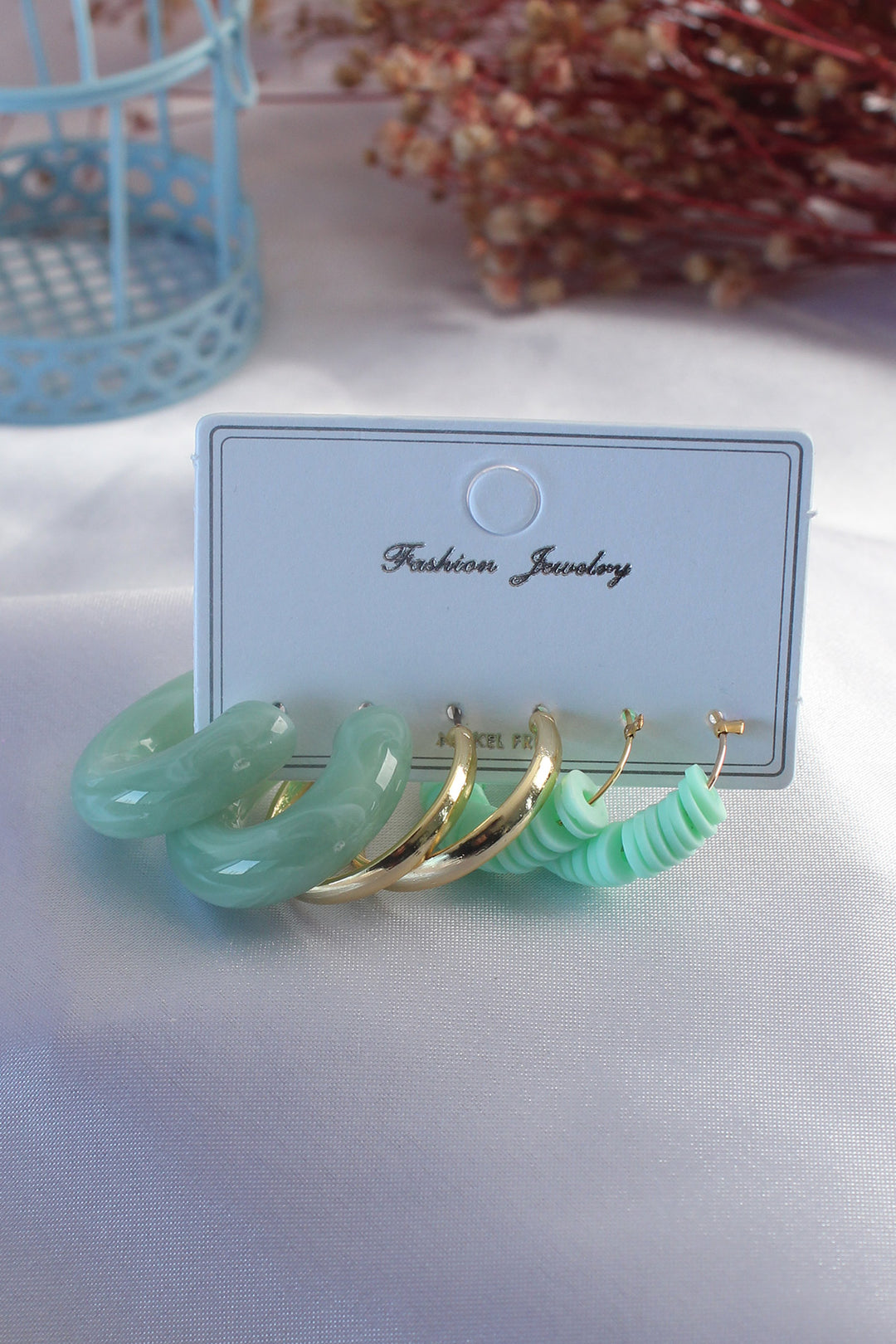 EBJ Green Color Bead Hoop Model Women's Earring Set - Mestre