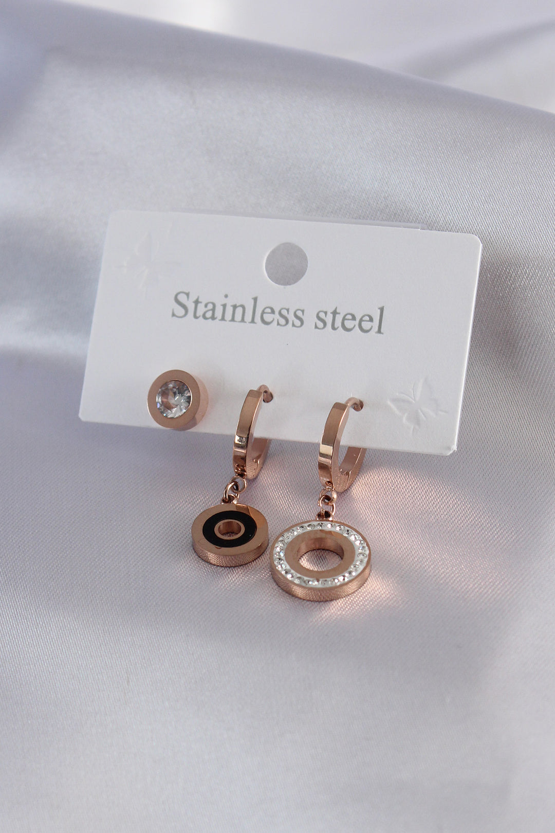 EBJ 316L Stainless Steel Rose Color Round Model Zircon Stone Detail Women's Earring Set - Arvada