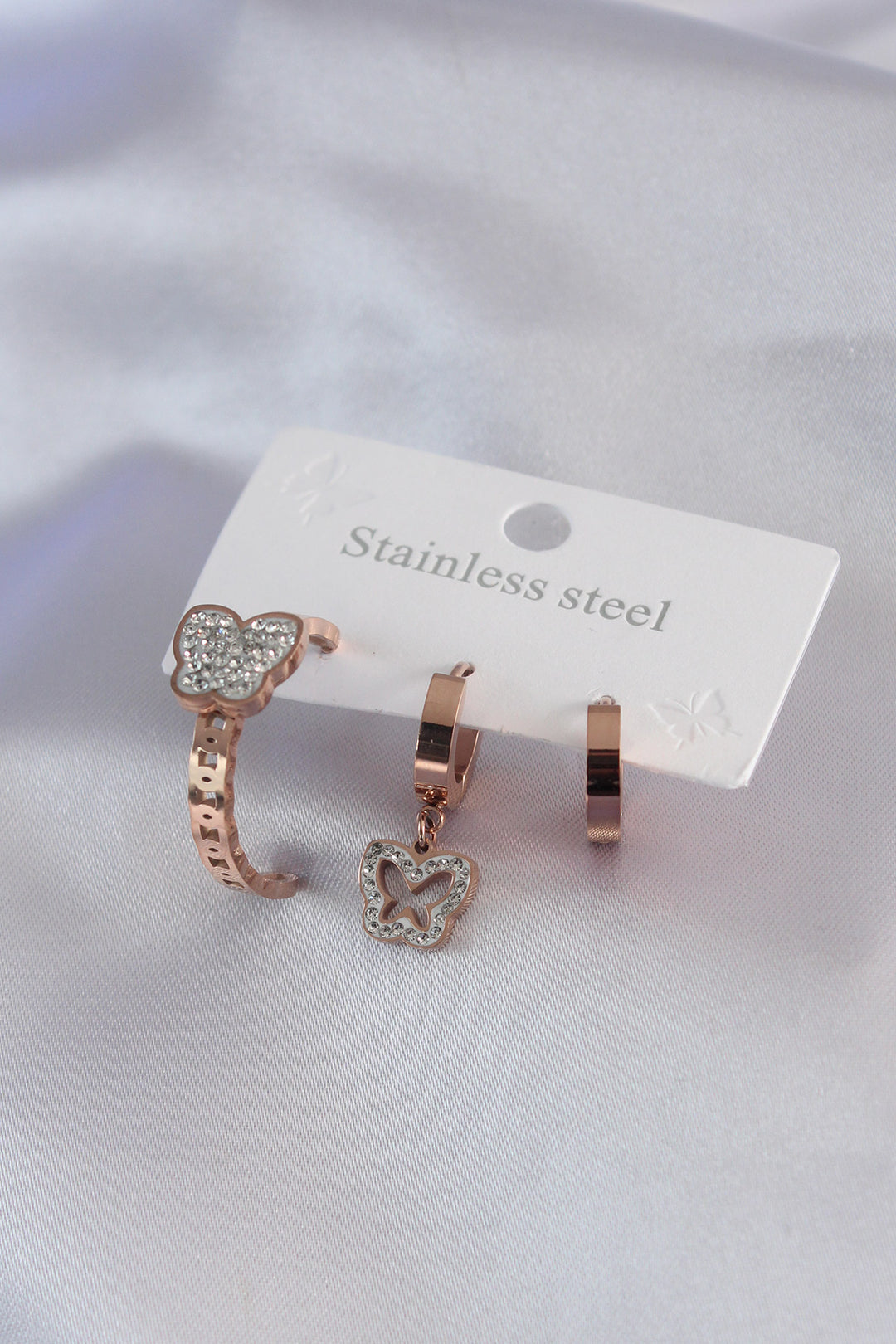 EBJ 316L Stainless Steel Rose Color Butterfly Model Zircon Stone Women's Earring Set - Streamwood