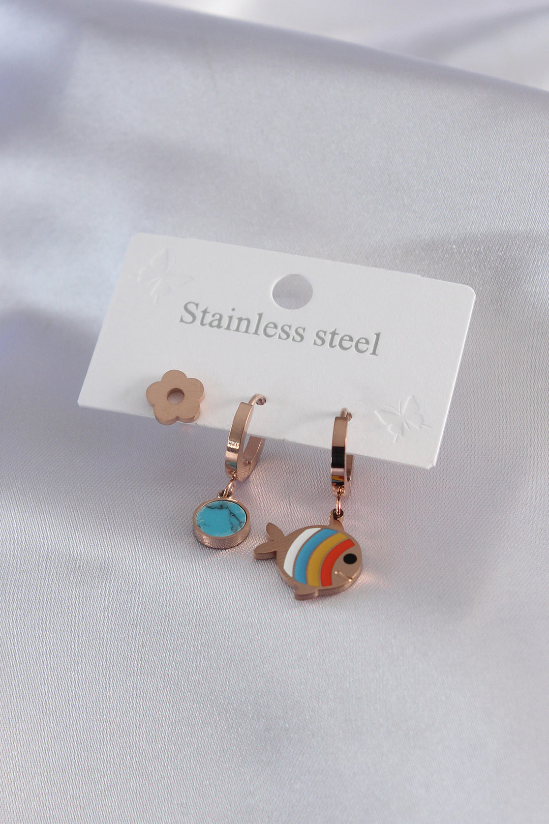 EBJ 316L Steel Rose Color Fish Model Flower Detail Women's Earring Set - Svitlovodsk