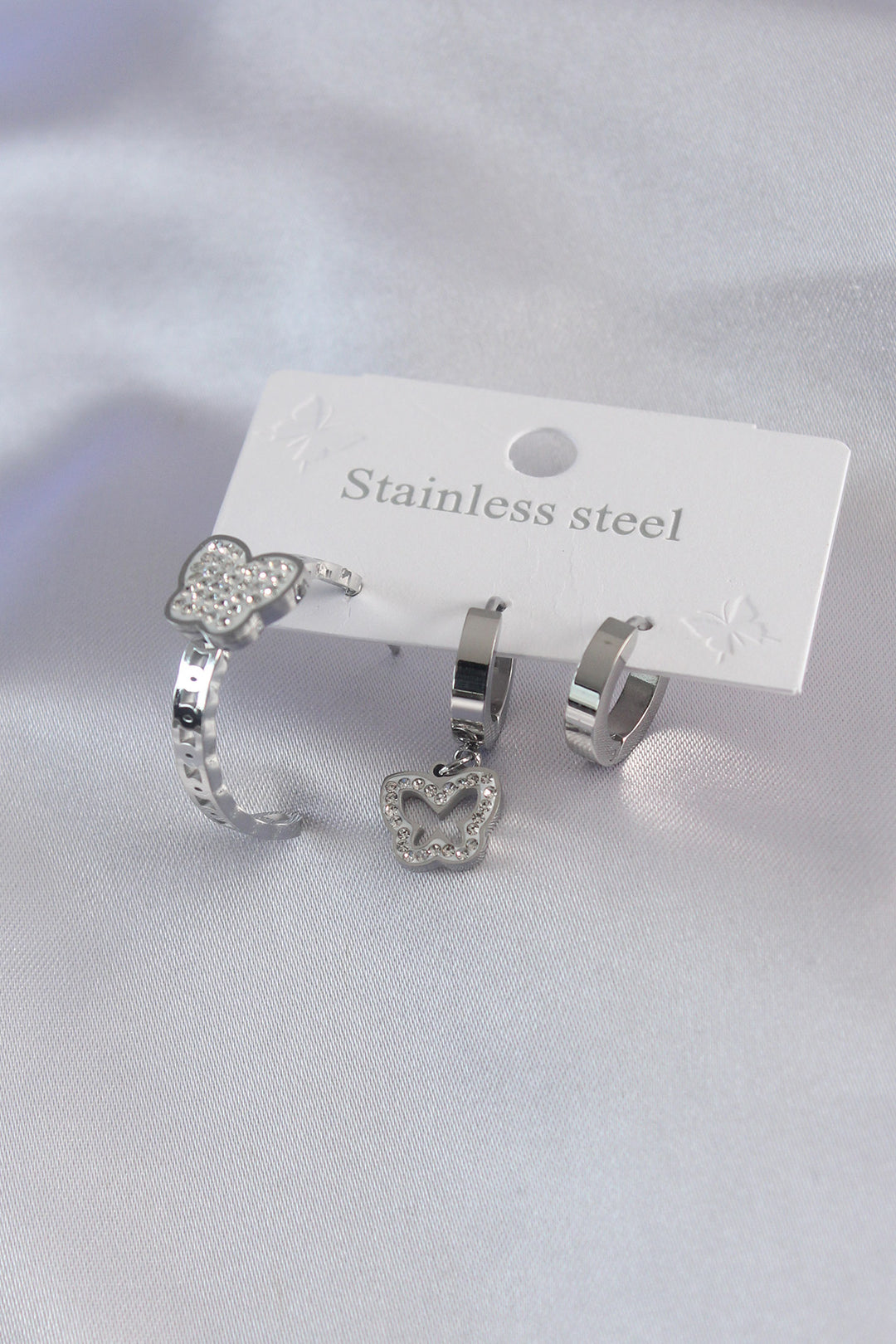 EBJ 316L Stainless Steel Silver Color Butterfly Model Earrings with Zircon Stone for Women Combination - Huddersfield