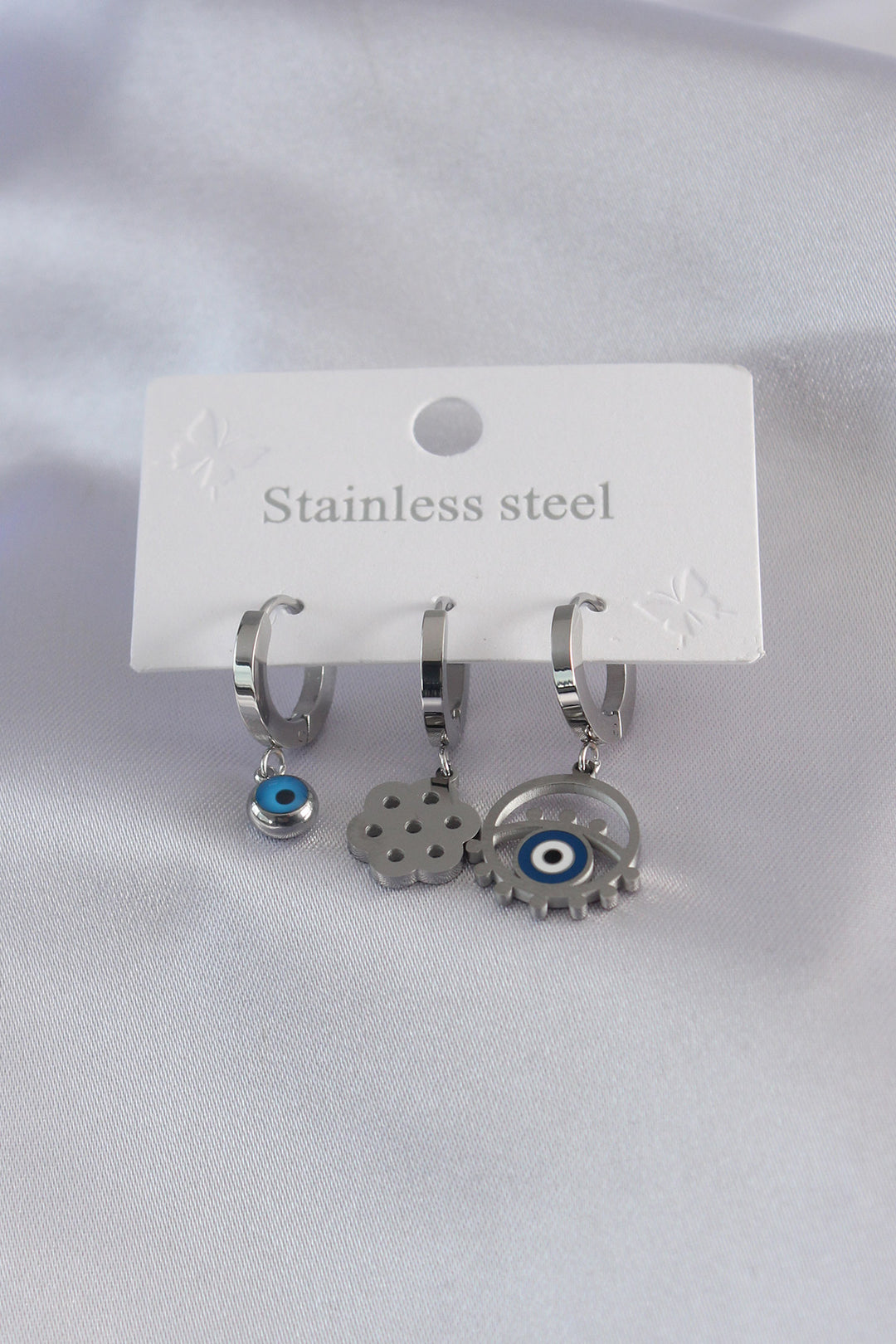 EBJ 316L Stainless Steel Silver Color Eye Figure Evil Eye Bead Detail Women's Earring Set - Royal Palm Beach