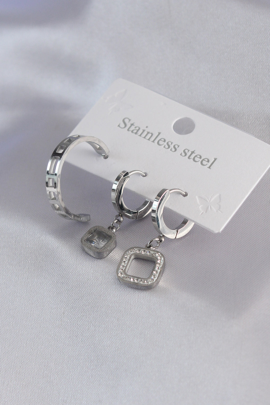 EBJ 316L Stainless Steel Silver Color Square Figure Zircon Stone Detail Women's Earring Set - Iesi