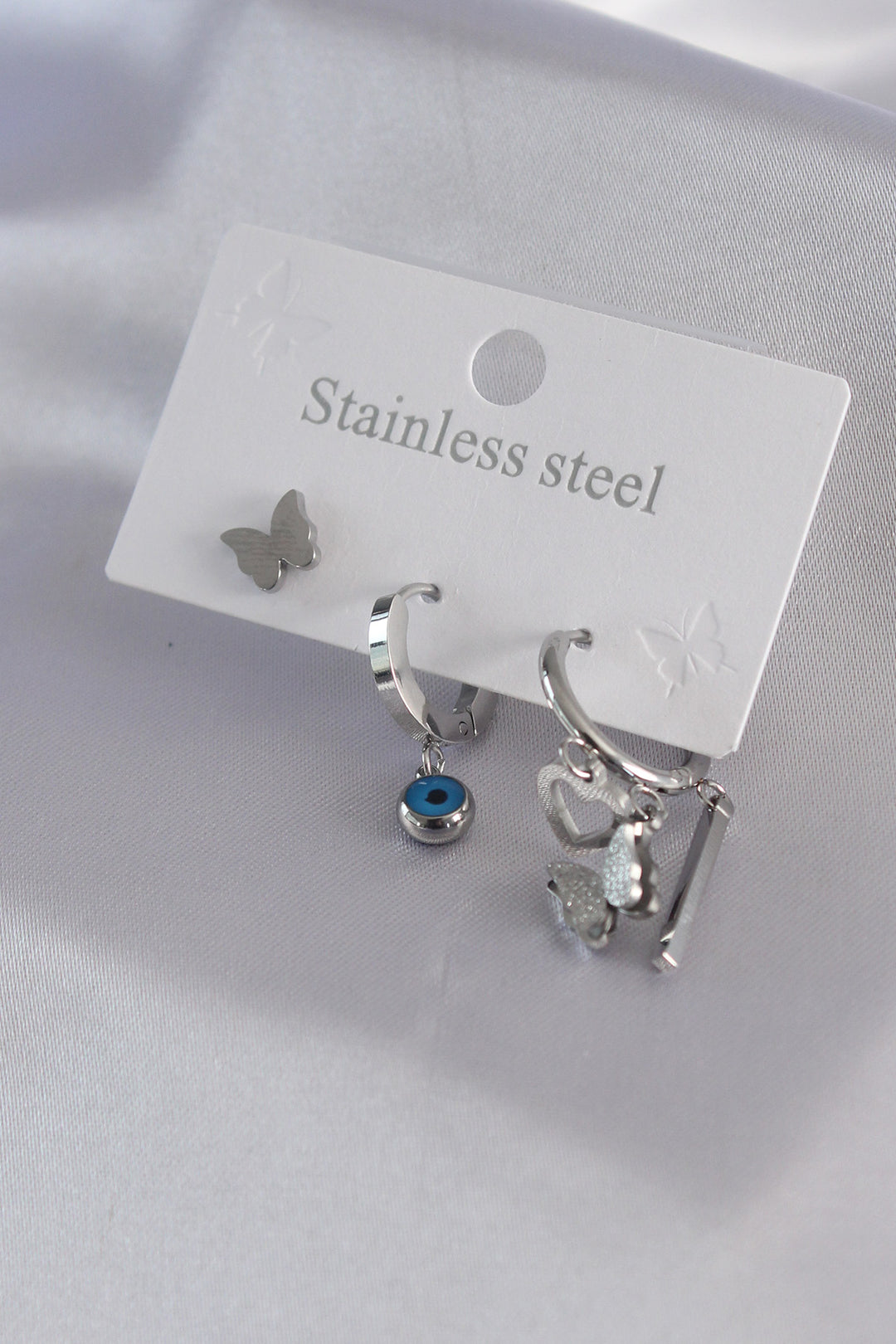 EBJ 316L Stainless Steel Silver Color Butterfly Figure Heart Detail Women's Earring Set - Stow