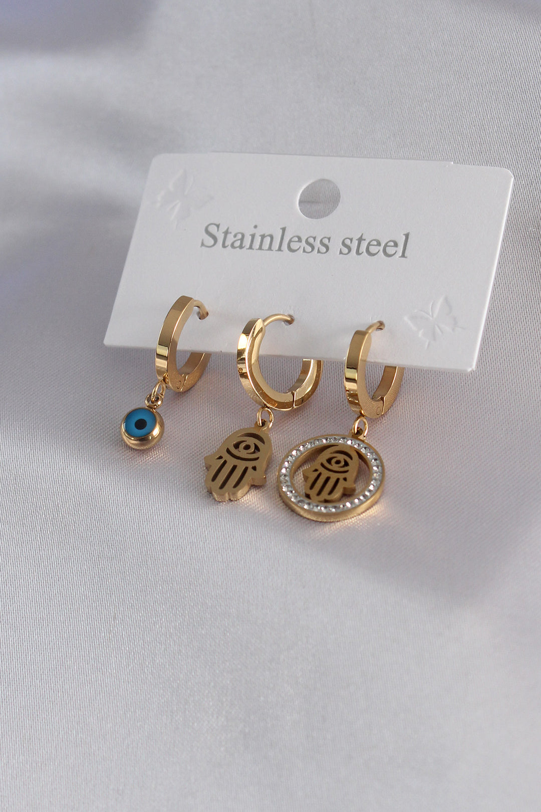 EBJ 316L Steel Gold Color Fatima Hand Model Zircon Stone Detail Women's Earring Set - Massy