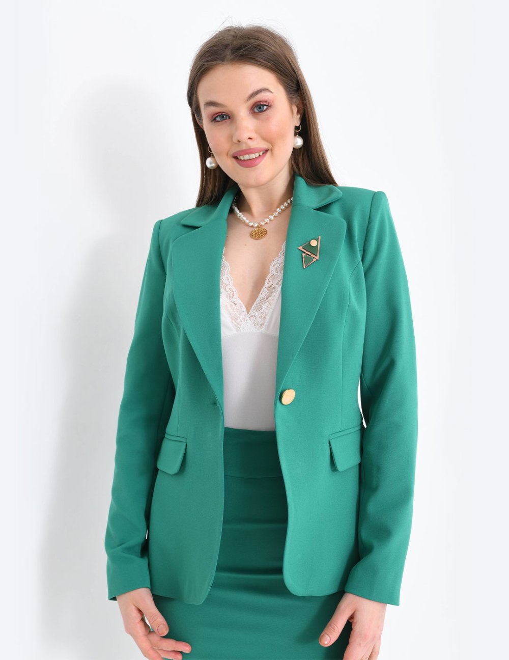 NDL Women Green Women's Suit with Brooch Detail Skirt - Bourges