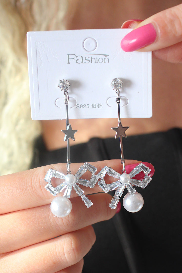 EBJ Silver Color Ribbon Model Star Detail Women's Earring with Zircon Stone - Virginia Beach
