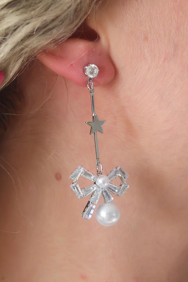 EBJ Silver Color Ribbon Model Star Detail Women's Earring with Zircon Stone - Virginia Beach