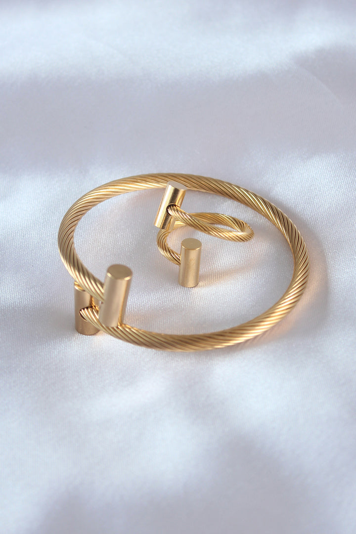 EBJ Steel Gold Color Spiral Pattern Men's Bracelet Ring Set - Mulhouse