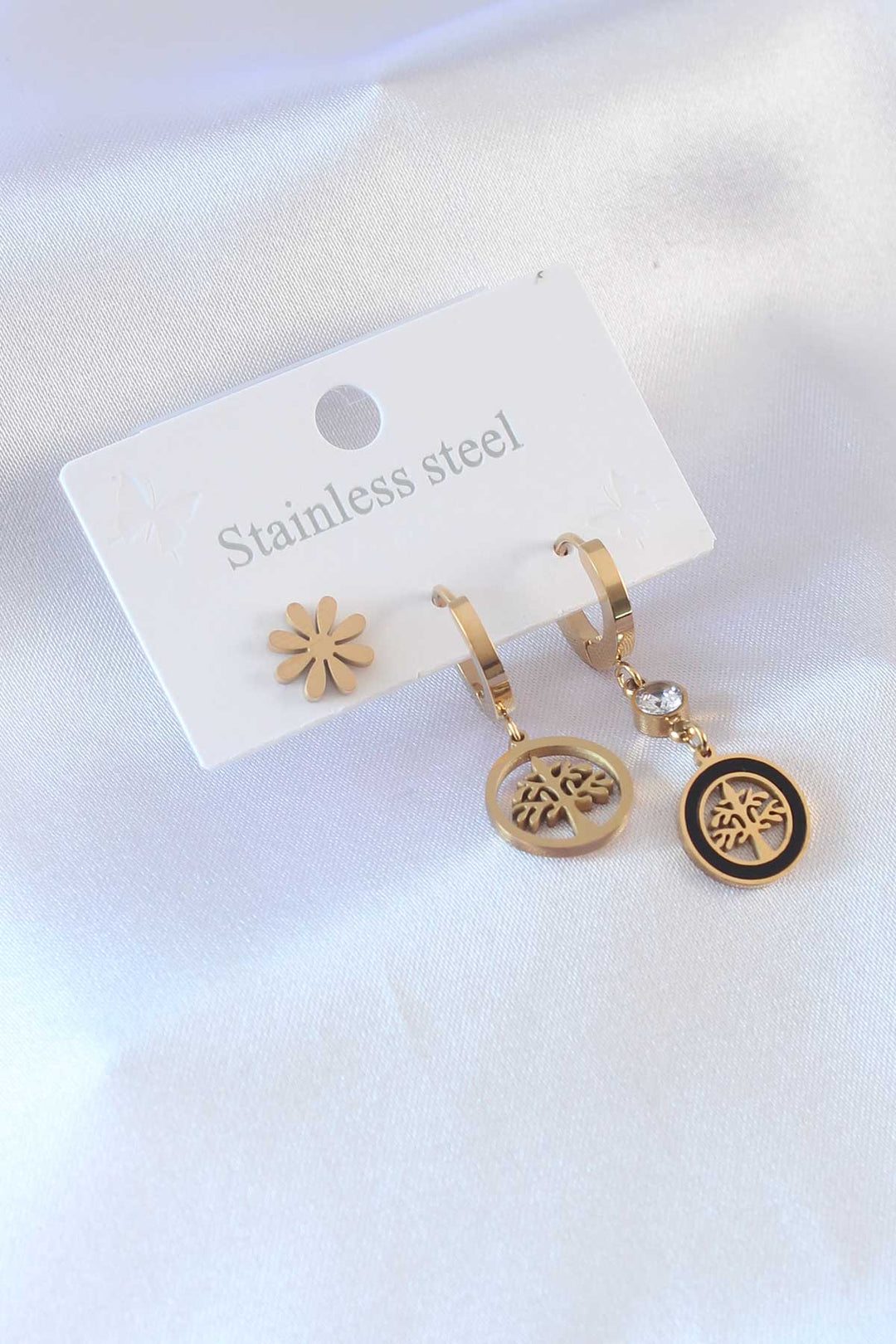 EBJ 316L Steel Gold Color Tree Model Flower Detail Zircon Stone Women's Earrings - Bromley