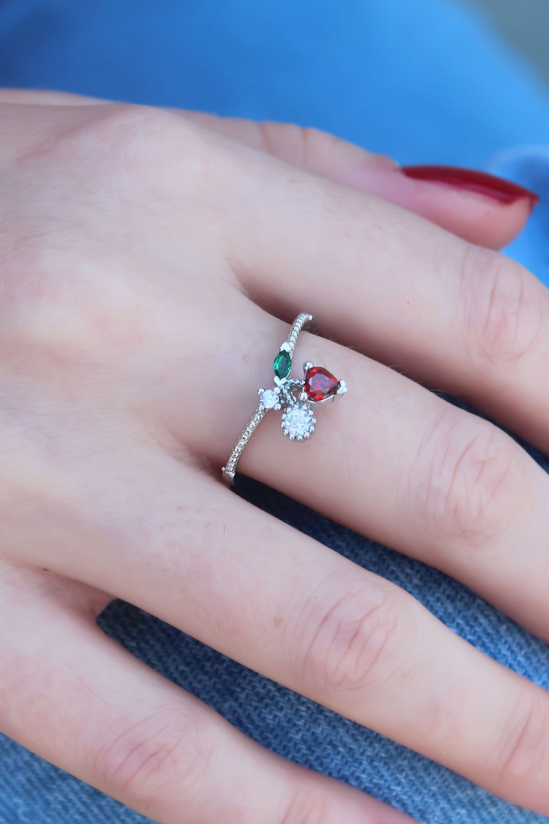 EBJ Silver Color Cherry Model Zircon Stone Women's Ring - Brescia