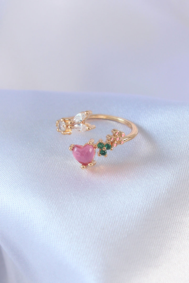 EBJ Brass Women's Ring with Gold Color Zircon Stone Heart Design - Long Eaton