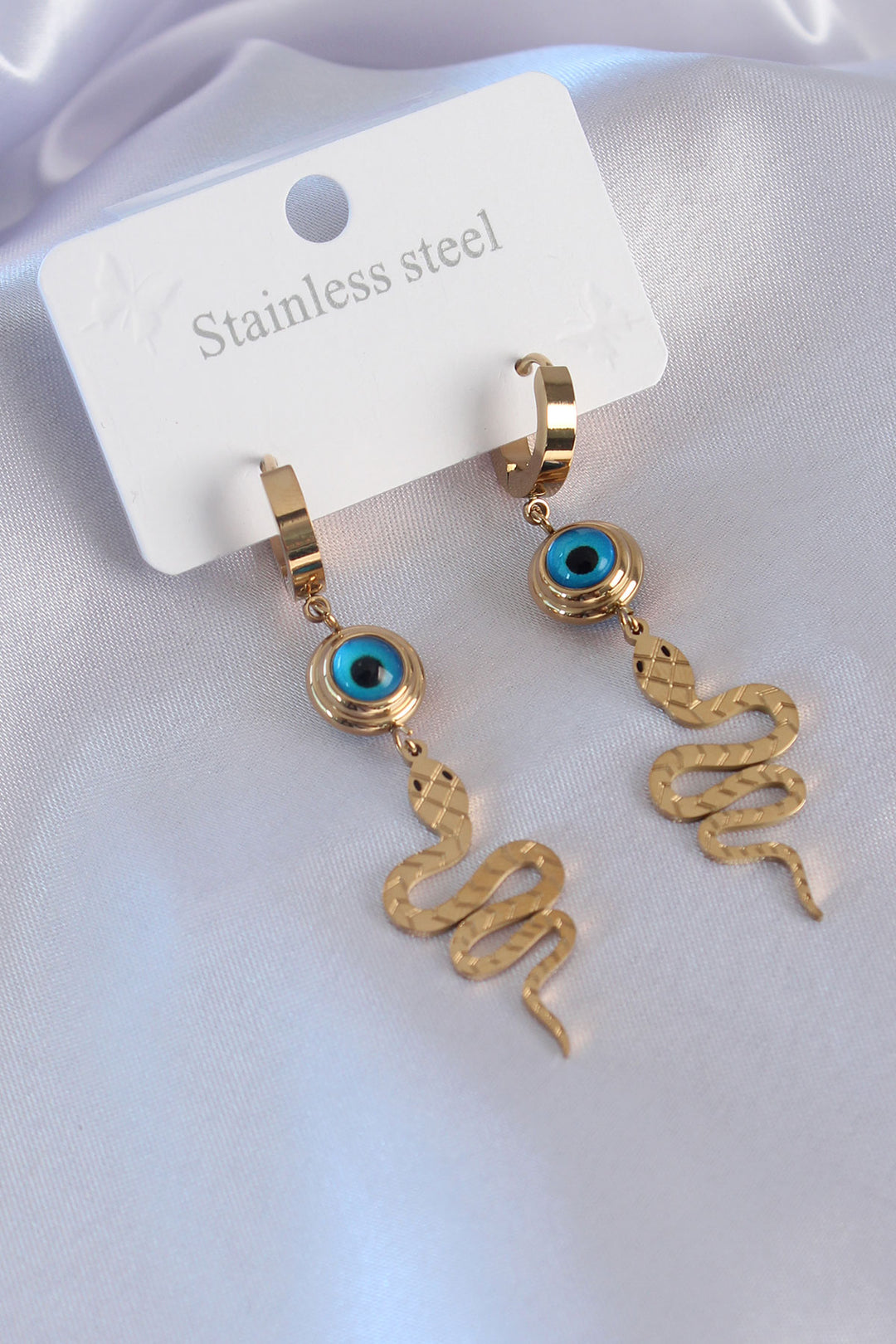 EBJ 316L Steel Gold Color Snake Figure Evil Eye Bead Detail Women's Earring - Hayes