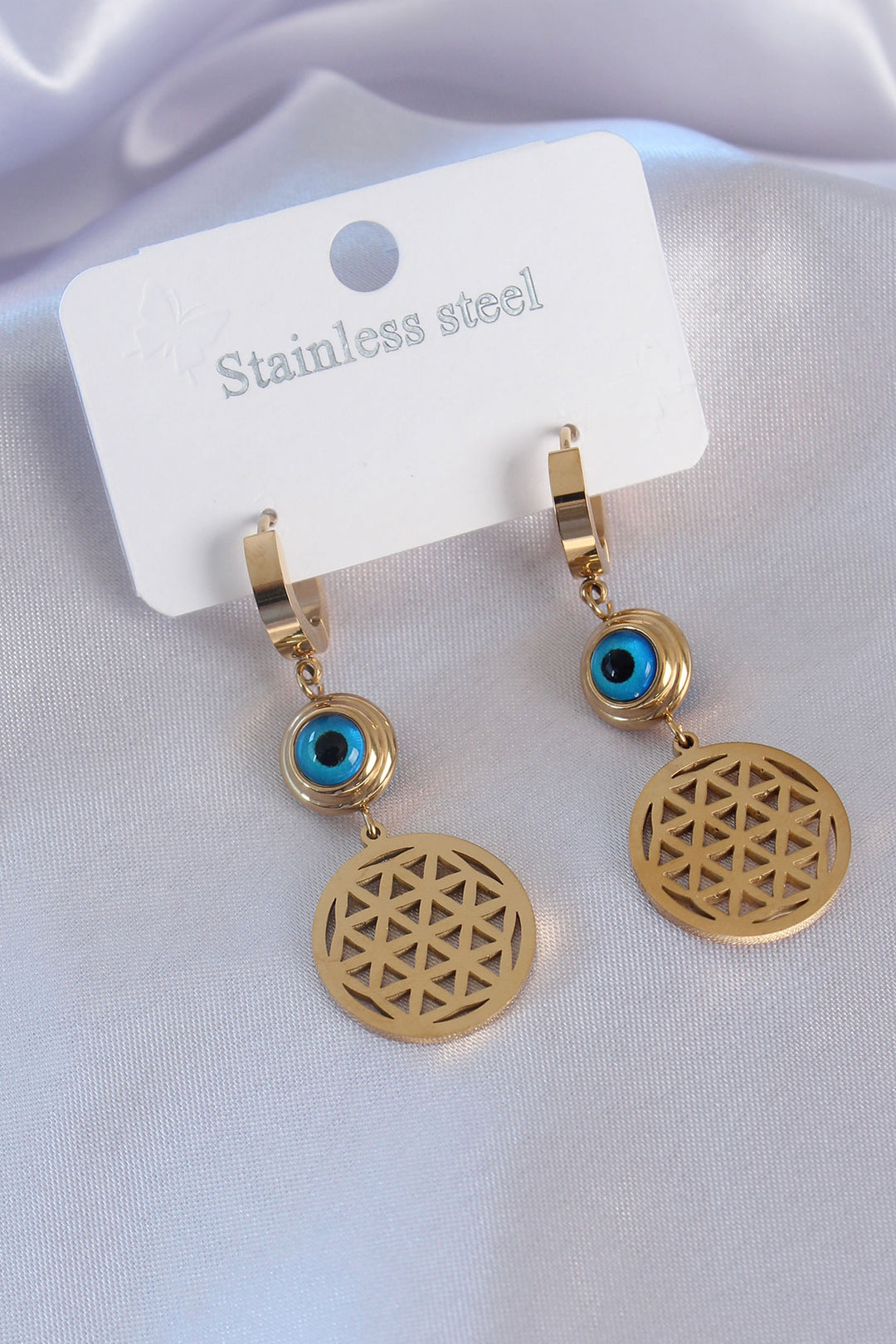 EBJ 316L Steel Gold Color Lotus Model Evil Eye Bead Detail Women's Earring - Toluca