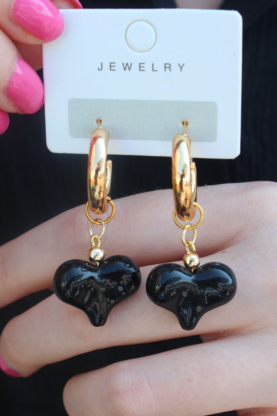 EBJ Gold Color Ring Black Heart Model Women's Earrings - Suceava