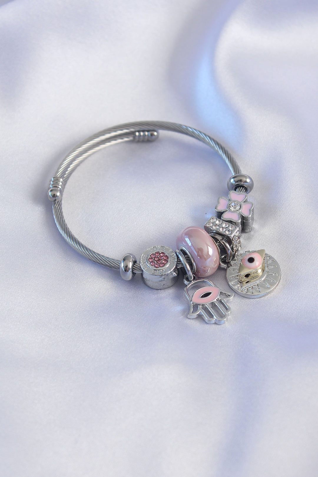 EBJ Silver Pink Color Fatma Ana Hand Eye Figure Zircon Stone Charm Women's Bracelet - Potsdam