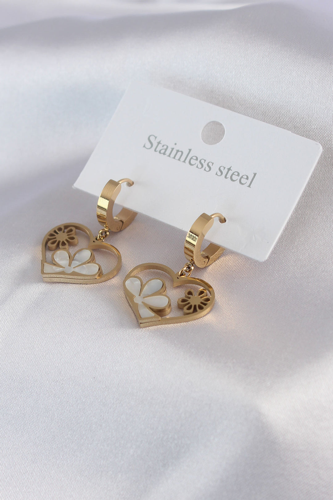 EBJ 316L Steel Gold Color Heart Shaped Flower Detail Women's Earring - Beja