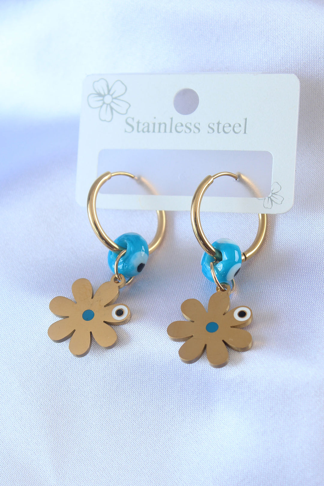 EBJ 316L Steel Gold Color Flower Pattern Evil Eye Detail Women's Earring - Puyallup
