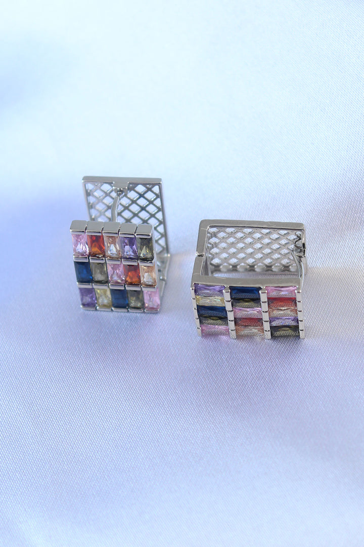 EBJ Silver Color Square Patterned Brass Earrings with Colored Zircon Stone - Thousand Oaks
