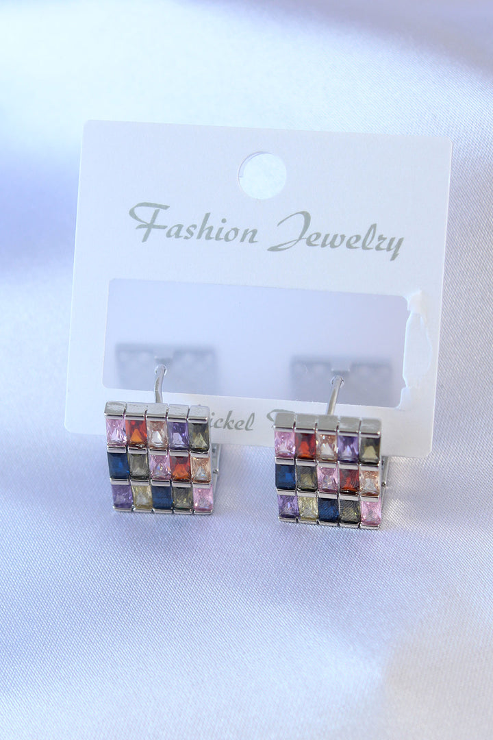 EBJ Silver Color Square Patterned Brass Earrings with Colored Zircon Stone - Thousand Oaks