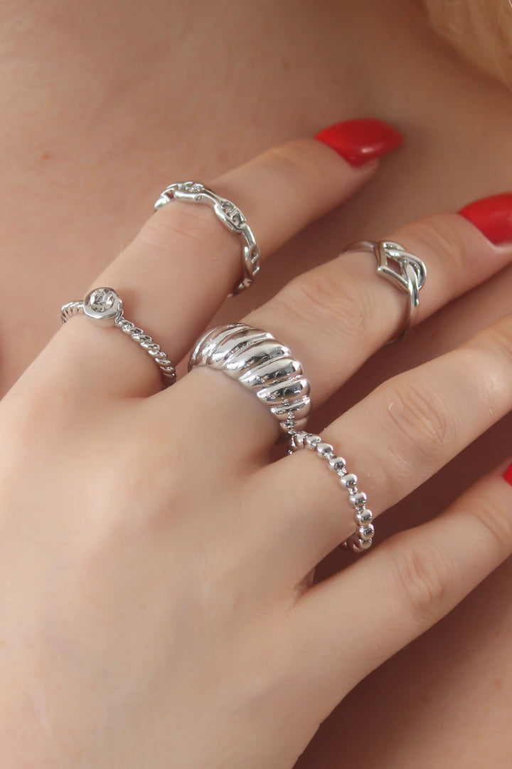 EBJ Silver Color Heart Figure Spiral Model with Zircon Stone Ladies Ring Combination - Taylor