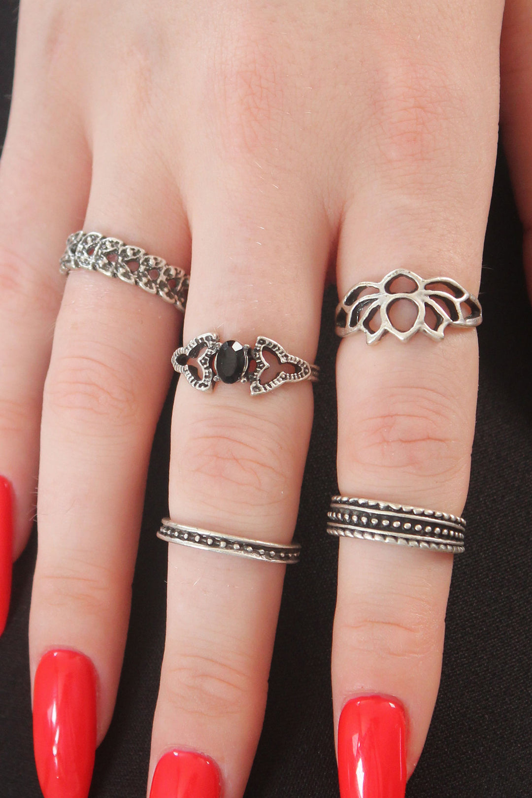 EBJ Silver Color Lotus Model Black Crystal Stone Detail Women's Ring Combination - Beckum