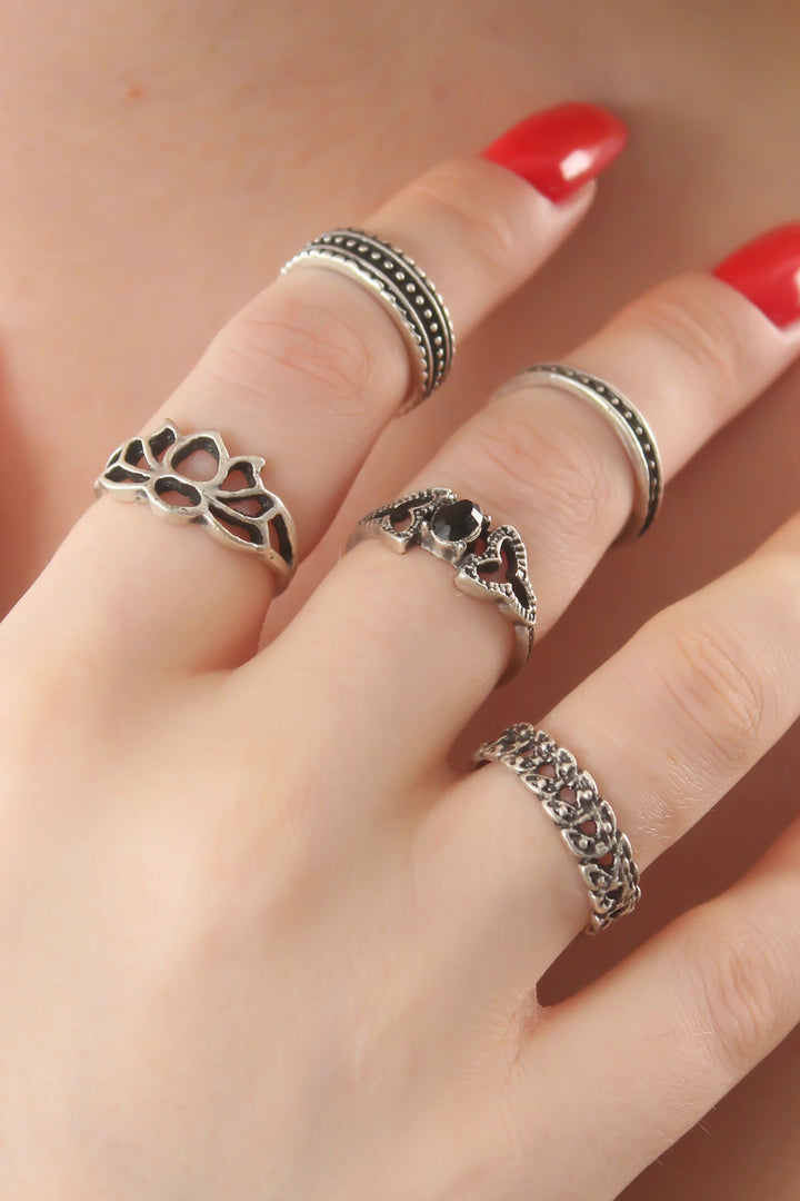 EBJ Silver Color Lotus Model Black Crystal Stone Detail Women's Ring Combination - Beckum