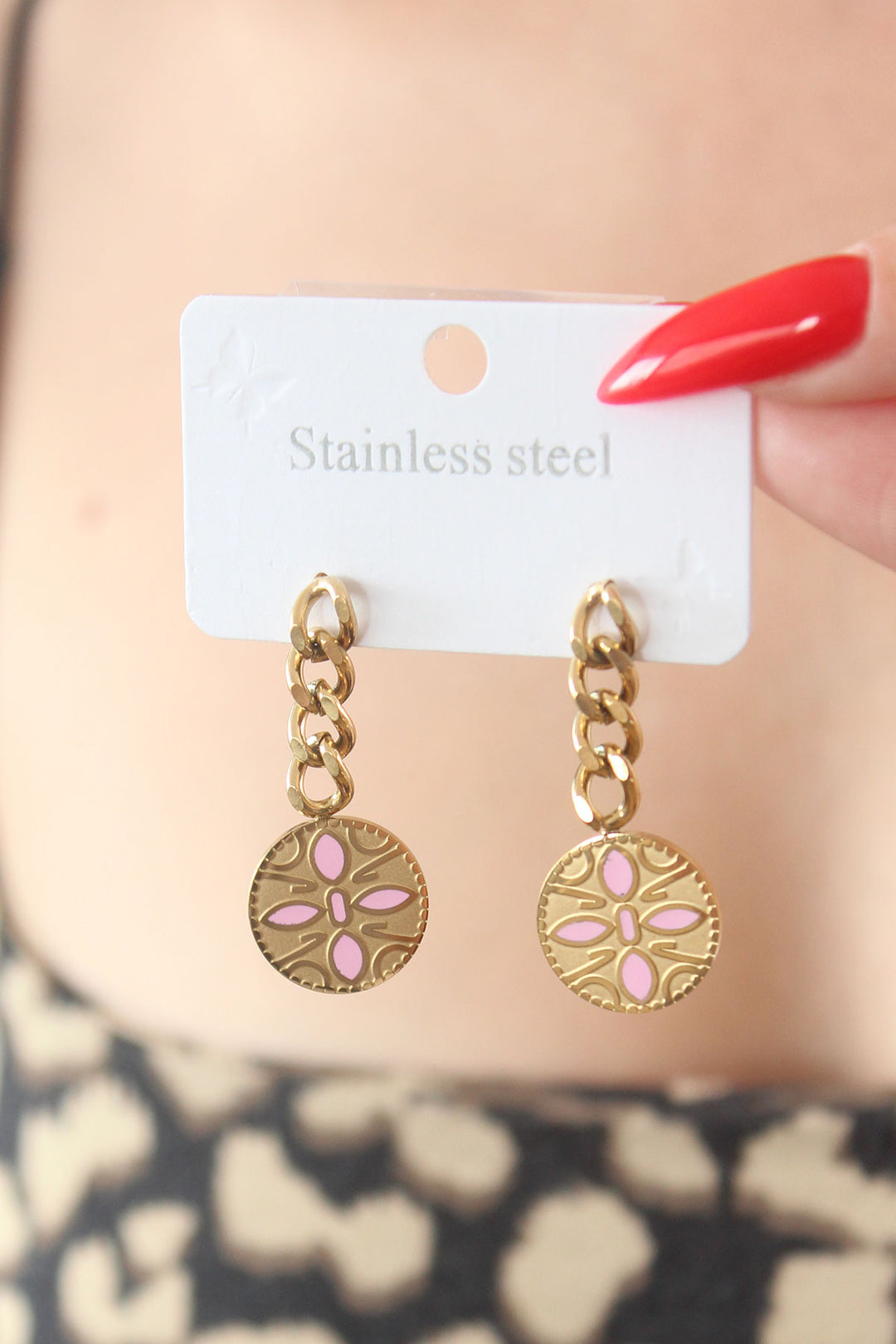 EBJ 316L Steel Gold Color Dangle Flower Pattern Processing Detail Women's Earrings - Civitanova Marche