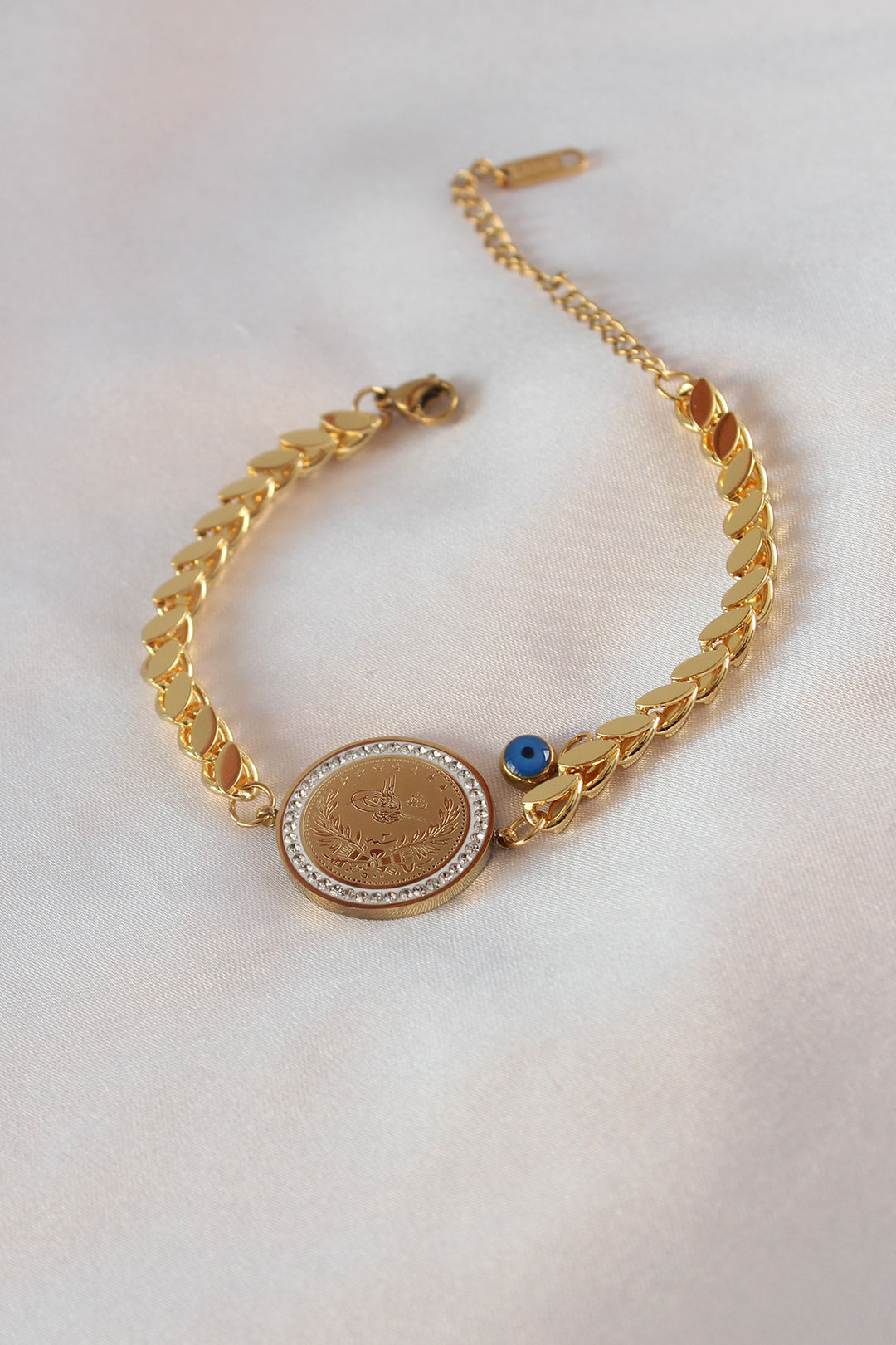 EBJ 316L Steel Gold Color Barley Chain Model Ottoman Tughra Embroidery Zircon Stone Detail Women's Bracelet - Monaco