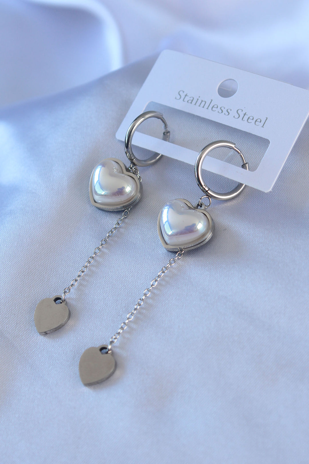 EBJ 316L Stainless Steel Silver Color Pearl Heart Dangle Model Women's Earring - Gouda