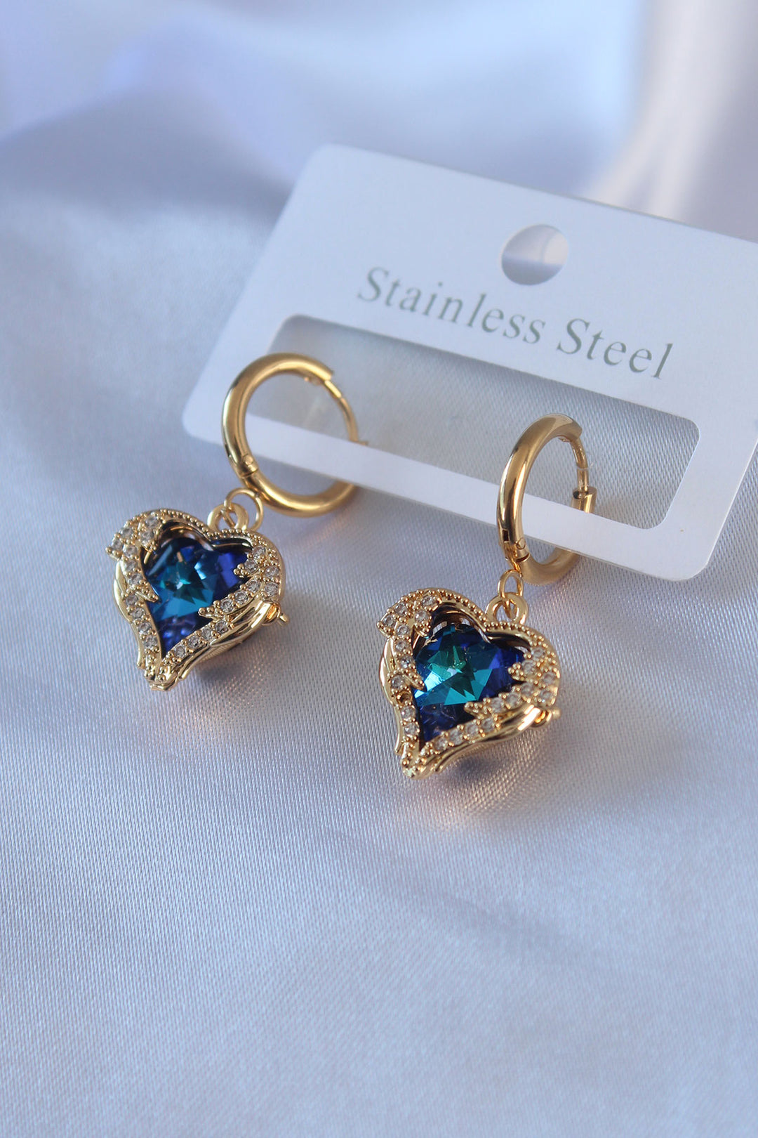 EBJ 316L Steel Gold Color Blue Crystal Stone Heart Model Zircon Stone Women's Earring - Huber Heights