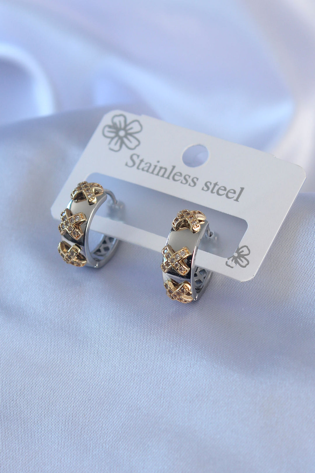 EBJ 316L Stainless Steel Silver Color Zircon Stone Gold Detail Ring Model Women's Earring - Akron