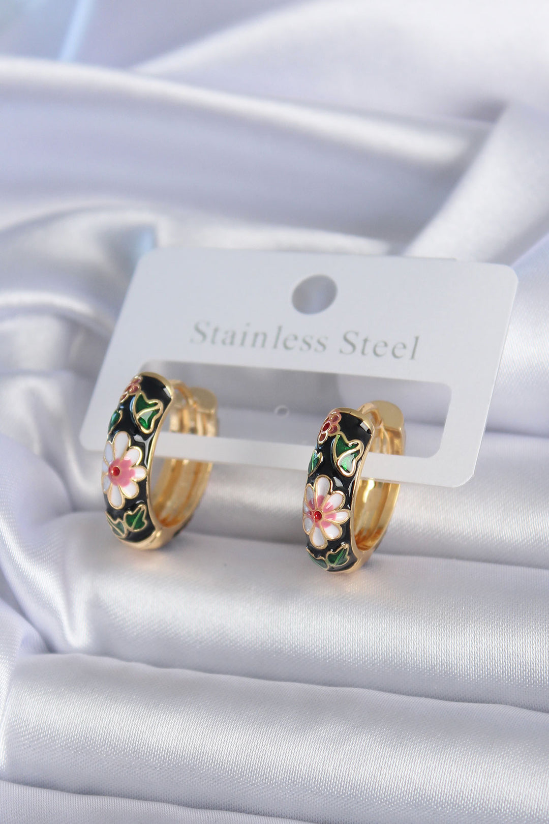 EBJ 316L Steel Gold Color Black Flower Embroidery Women's Earring - Hattingen