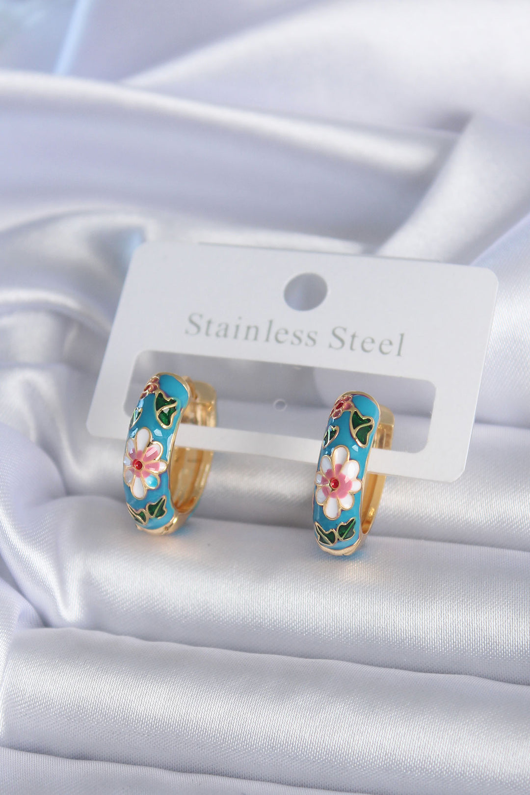 EBJ Gold Color Blue Flower Embroidery Detail Women's Earrings - Tonbridge