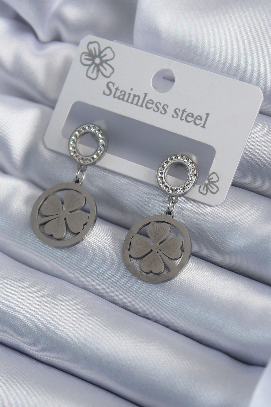 EBJ 316L Stainless Steel Silver Color Clover Model Earrings with Zircon Stone Detail for Women - Prescott Valley