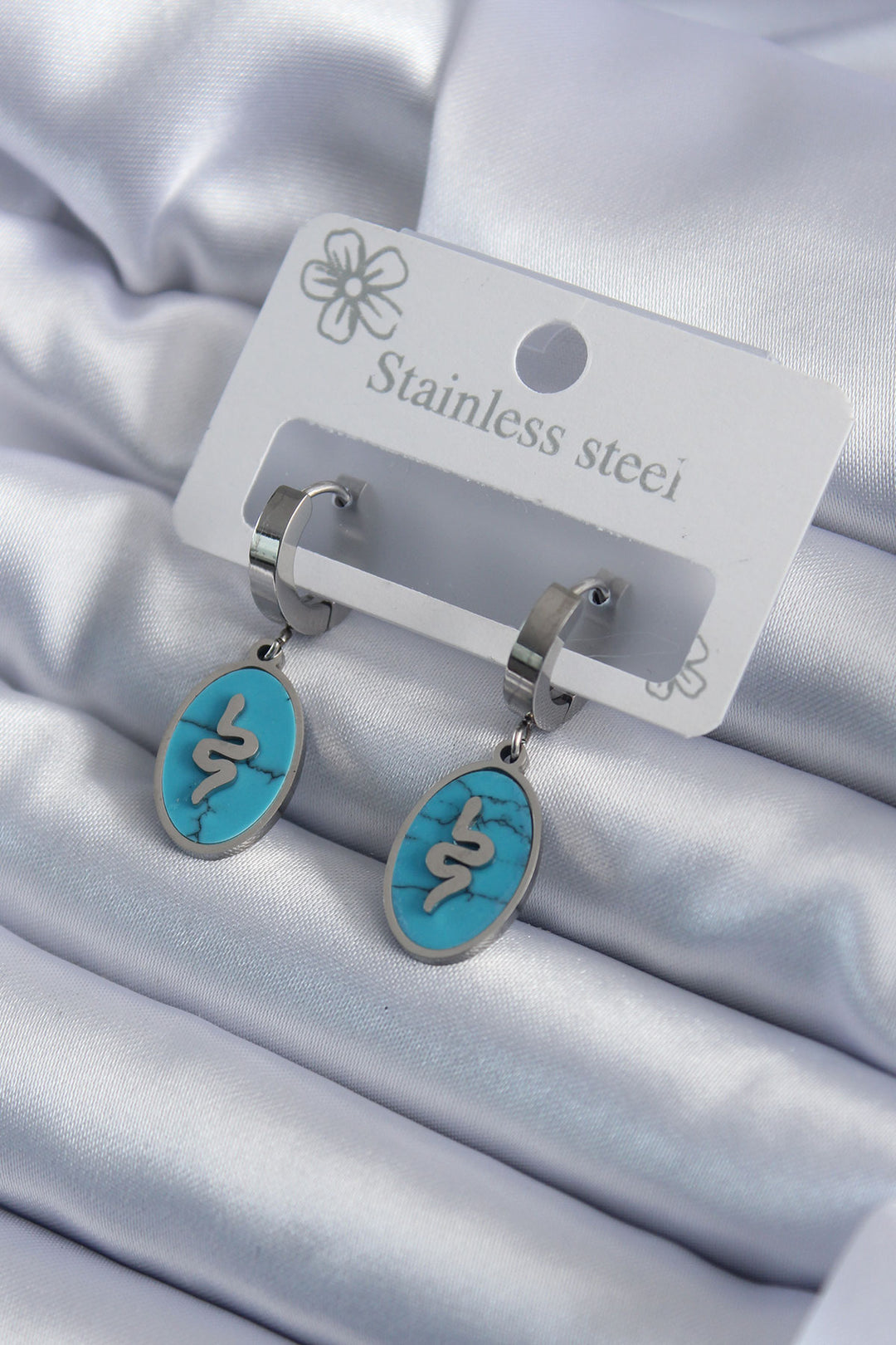 EBJ 316L Stainless Steel Silver Color Oval Blue Stone Snake Figure Women's Earring - Chystiakove