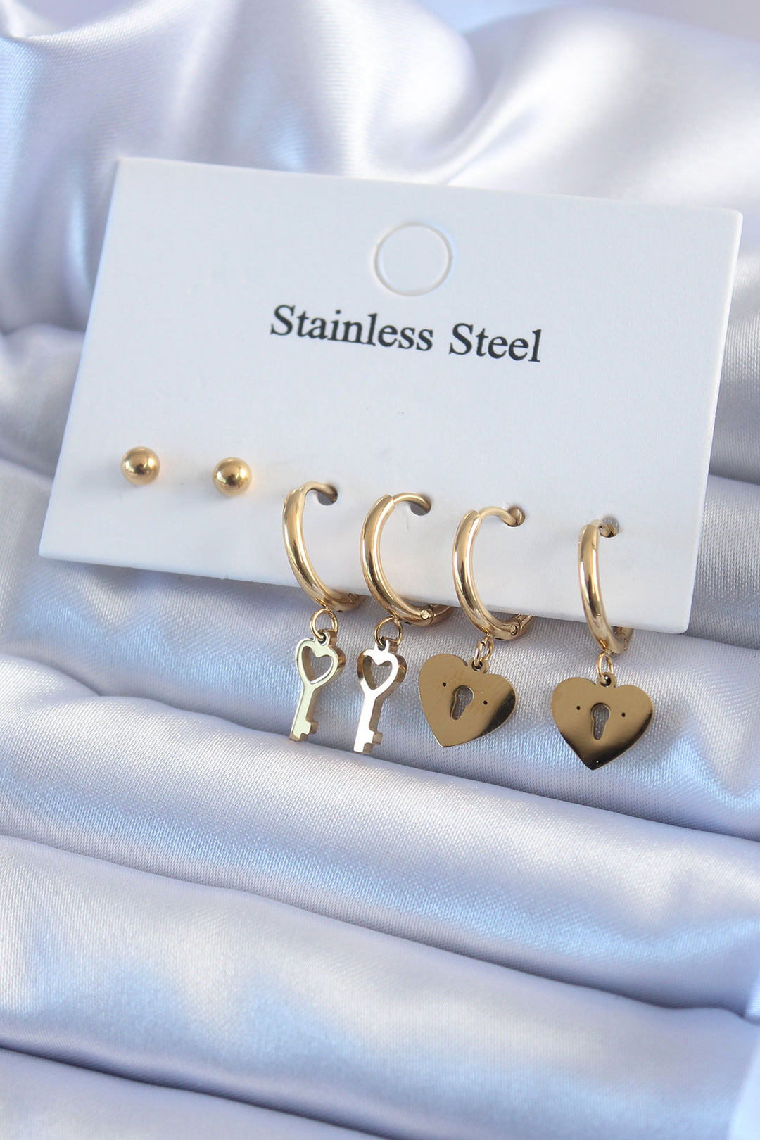 EBJ 316L Steel Gold Color Lock Heart Model Heart Key Detail Women's Earring Set - Mons