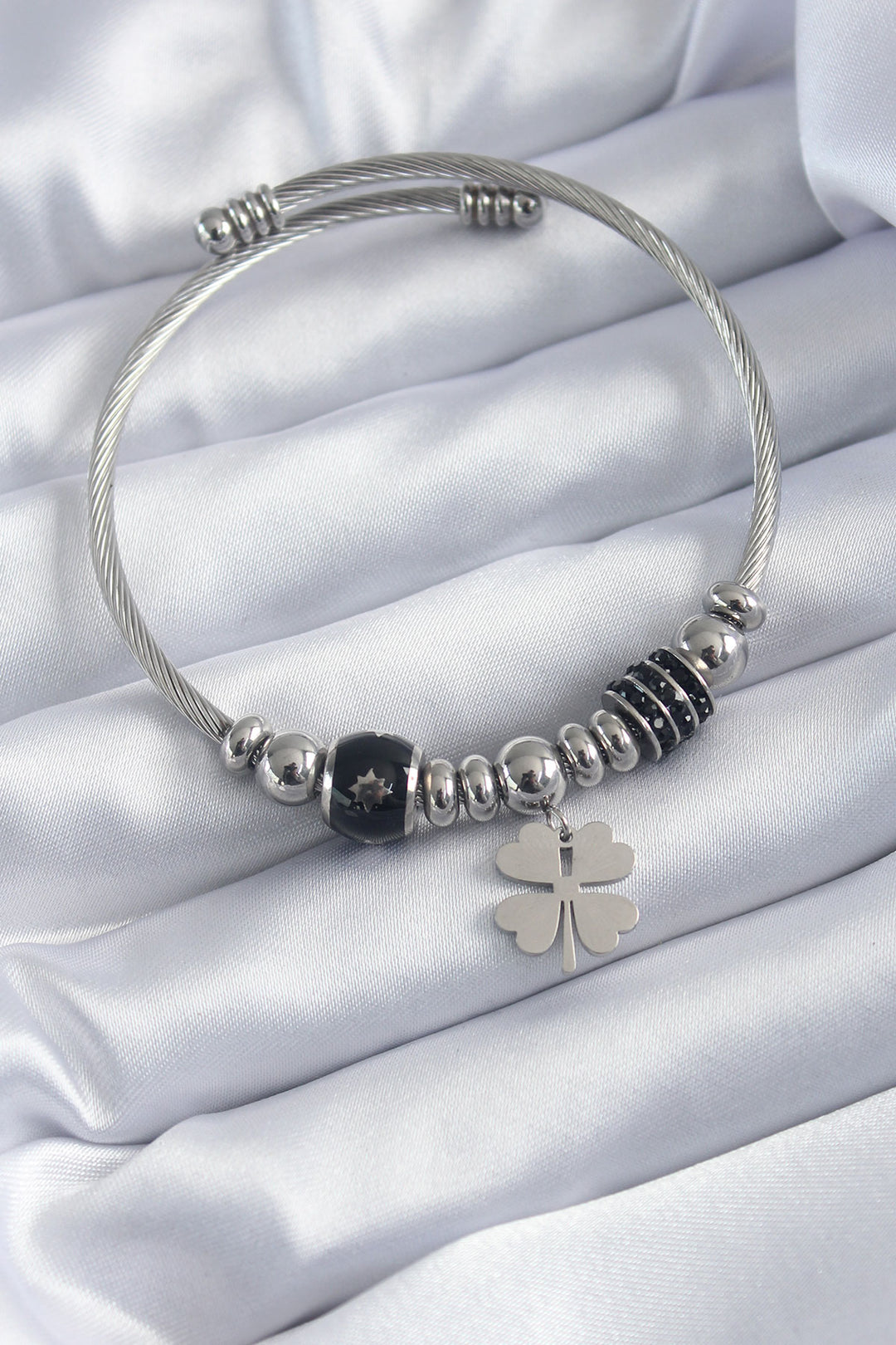 EBJ 316L Steel Silver Color Charm Model Clover Figure Zircon Stone Detail Women's Bracelet - Fruit Cove