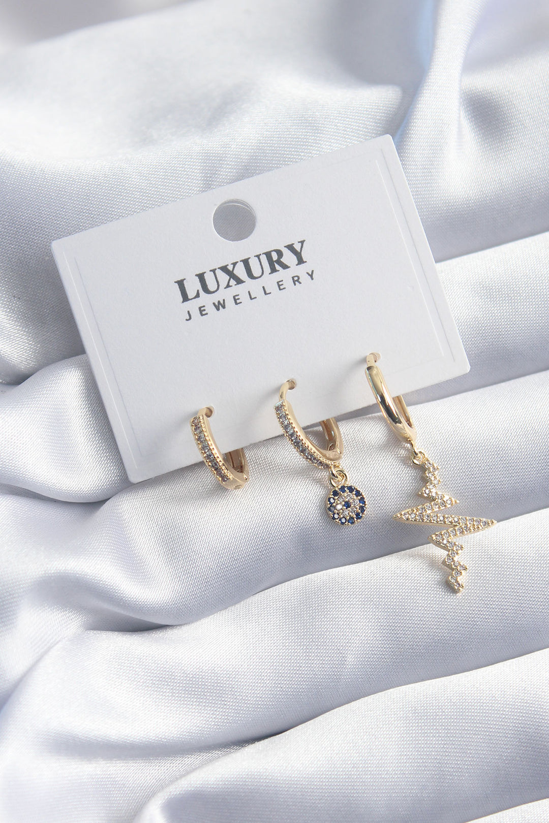 EBJ Rice Gold Color Zircon Stone Heart Rhythm Model Evil Eye Bead Detail 3-Piece Women's Earring Set - Thun