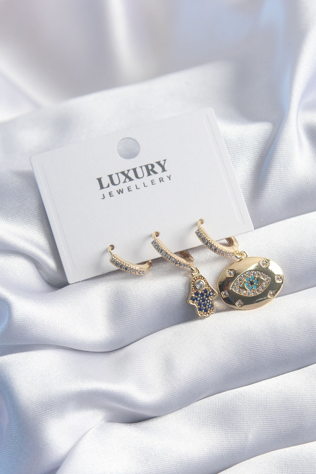 EBJ Rice Gold Color Zircon Stone Eye Model Fatma Hand Detail 3-Piece Women's Earring Set - Buena Park